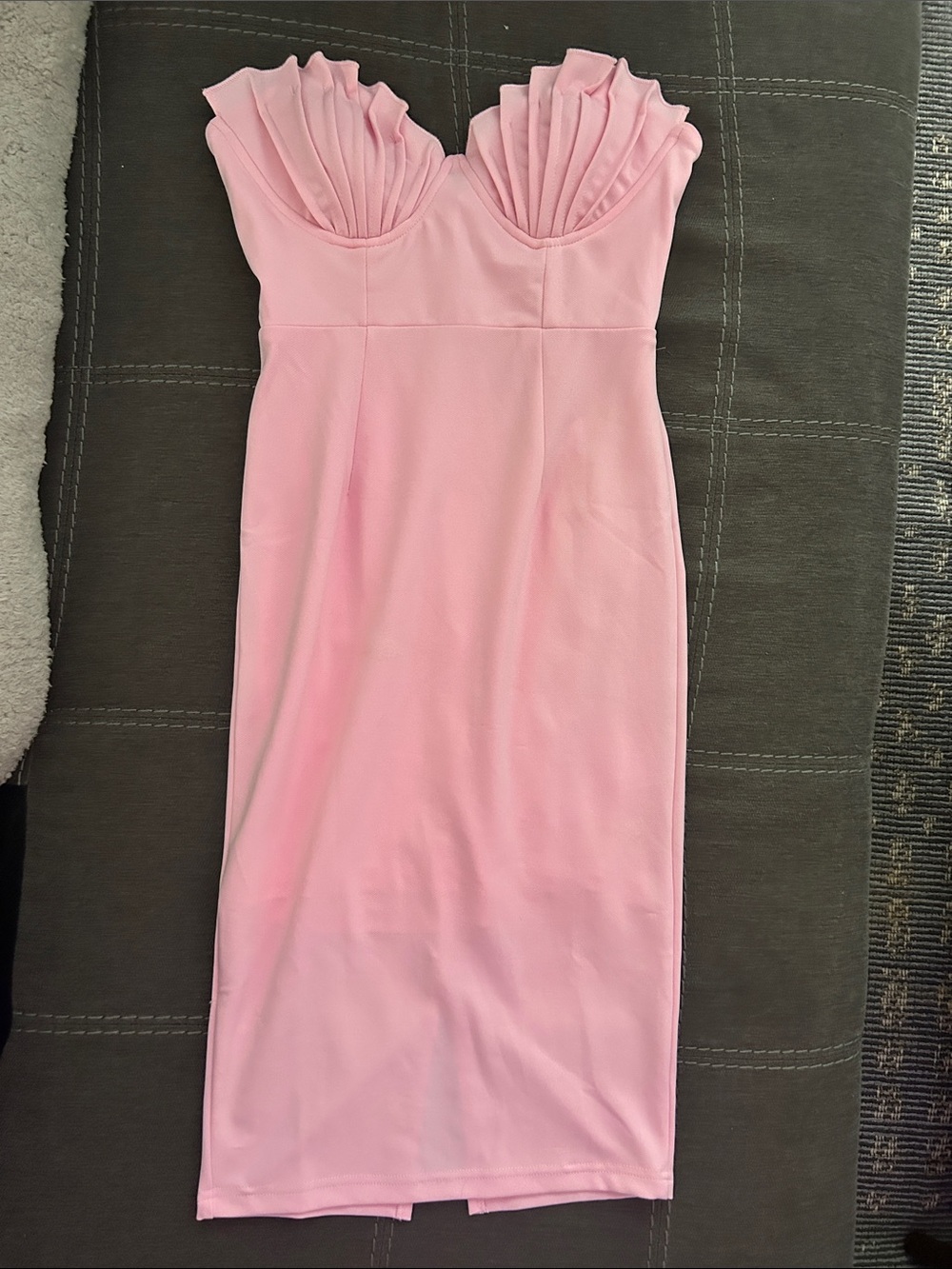 Strapless Pink Pleated Bust Midi Dress